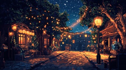 Night street scene, pixel art, cozy town, starry sky, festive lights, game background