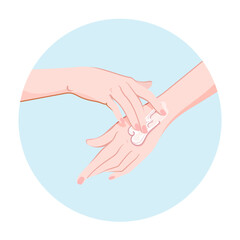 Applying cosmetic cream on woman hands skin with massage motions. Spa skincare wellness procedure icon for infographics, presentations, web design, poster, banner. Modern flat style. Vector colorful