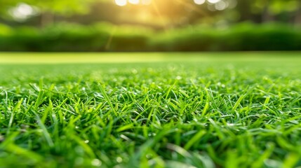 Vibrant green grass under sunshine with blurred bokeh, perfect for nature and wellness themes