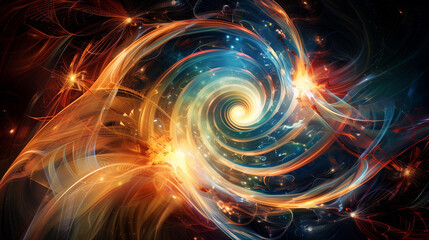 Abstract Cosmic Swirl of Fiery Orange and Teal Nebulae in a Dynamic Spiral