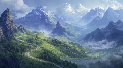 Fototapeta premium A winding path snakes through stunning mountain landscapes, where rugged peaks meet vibrant valleys, highlighting the allure of adventure and serenity