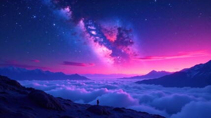 Naklejka premium A lone figure silhouetted against a vibrant, celestial panorama, standing on a mountain peak above a sea of clouds under a breathtaking night sky filled with a vivid, colorful Milky Way galaxy.