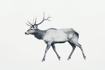 Side view of a grayscale elk walking,  profile of a majestic elk in motion against a plain background.