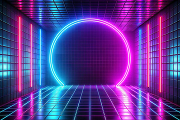 Neon circle portal, futuristic grid room, vibrant lights, reflective floor, abstract background, ideal for music visuals