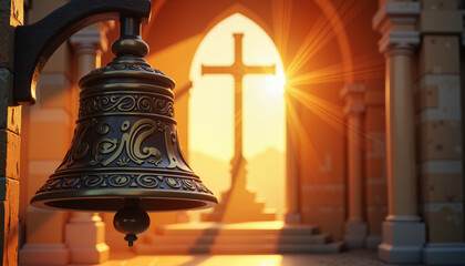 Obraz premium Intricately engraved church bell glowing in warm Easter light with blurred cross backdrop