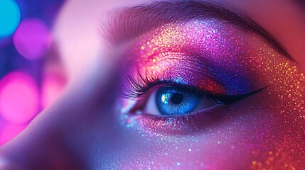 A close-up of an eye with vibrant purple and pink eyeshadow.