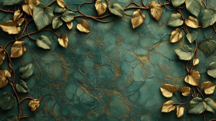 Fototapeta premium Lush green leaves and gold accents natural background decorative elements indoor environment close-up view botanical aesthetics