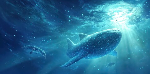 Whale sharks swimming peacefully in deep ocean waters near sunlight
