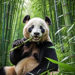 Obraz premium A playful panda enjoying a bamboo snack in a serene forest