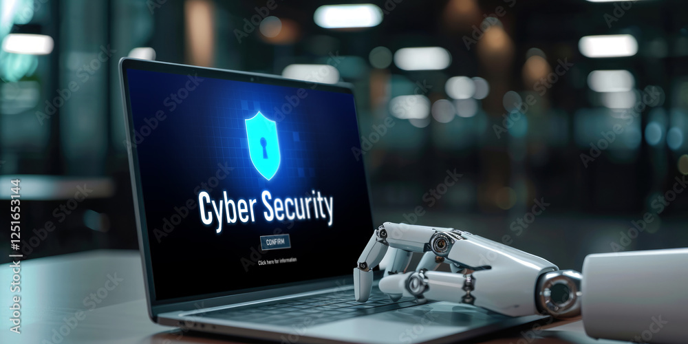 Poster cyber security system on computer screen protect private information brisk from hacker and cyber att