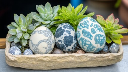 Fototapeta premium Decorative Eggs with Succulent Plants in Stone Container Arrangement for Table Decoration.