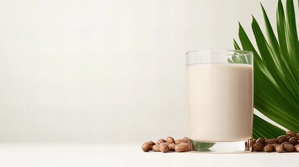 Creamy plant-based milk in a glass, next to nuts and tropical leaves. Refreshing and healthy.