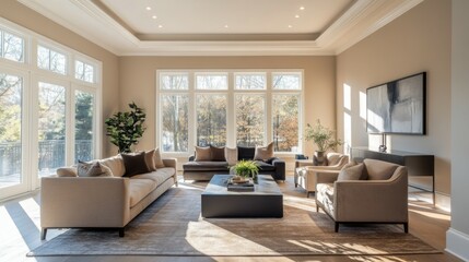 Fototapeta premium Sunlight floods a spacious living room adorned with neutral tones, creating a warm, inviting atmosphere perfect for unwinding at the end of the day
