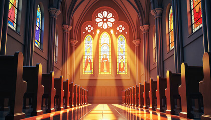 Fototapeta premium Stained glass windows casting soft light on pews during Easter service in a cathedral