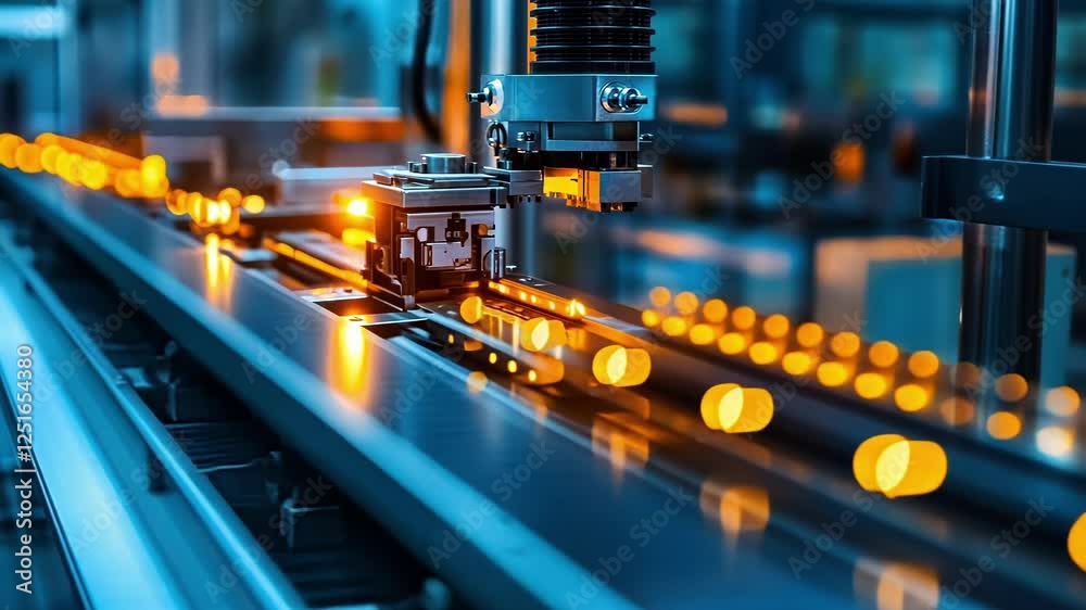 Poster automated robotic arm is picking and placing electronic components on a moving assembly line. showca