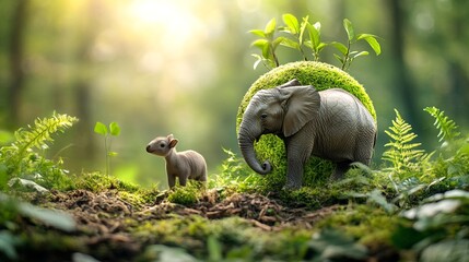 Obraz premium A small toy elephant and antelope are placed on top of a mossy rock in an outdoor setting.