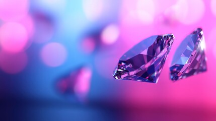 Sparkling Diamonds Float, Pink Blue Blurred Background, Luxury Ad