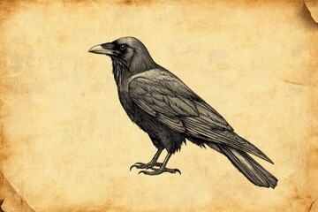 Fototapeta premium Detailed sketch of a raven standing on an aged parchment
