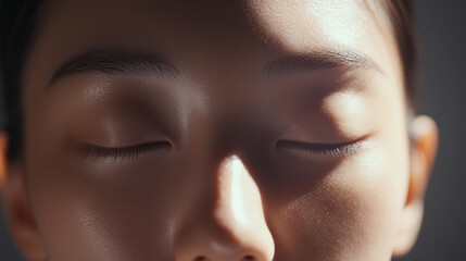 Obraz premium Close-up photo showcasing radiant perfect asian female skin texture with light highlight effect