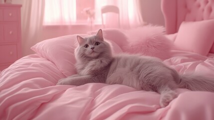 Elegant grey cat lying on pink fluffy bed