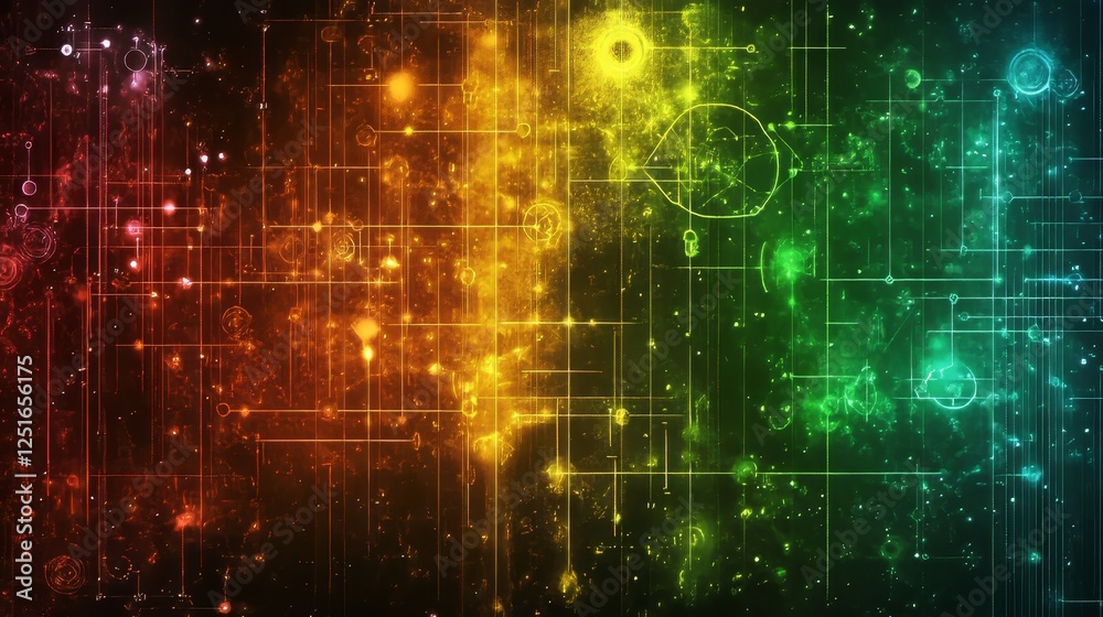 Poster digital circuits with colorful light particles and connected lines abstract composition.