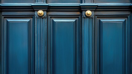 Decorative dark blue wooden door, detailed panels, exterior