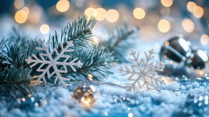 Obraz premium cozy winter wonderland scene featuring a festive blue Christmas background with snowflakes, silver garland, and shimmering lights.