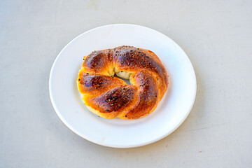 Turkish pastry product , tasty pogaca, acma . Simit, gevrek. Turkish Pastries; peynirli, patatesli, kasarli pogaca, sosili acma, dereotlu pogaca,  borek, acma, ay coregi at patisserie showcase.