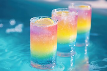 A summer pool party setup with tall clear glasses of rainbow lemonade, condensation forming on the sides