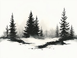 Naklejka premium A serene black-and-white depiction of snowy trees in a misty landscape.