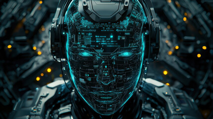Corporate AI chatbot features a human-like synthetic avatar with a glowing cybernetic interface revolutionizing customer service in a futuristic setting