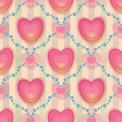 Soft pink layered gradient hearts on beige pastel vertical striped background, decorated with blue pearl beads.