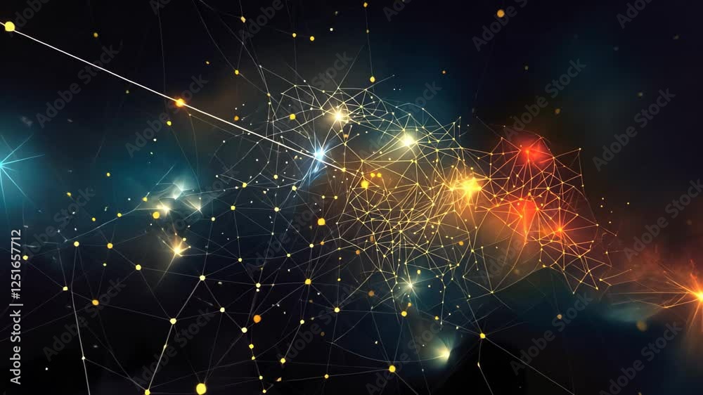 Poster an abstract representation of a digital constellation connecting data points illuminated against a d