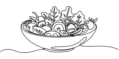 vegetables salad on bowl continuous one line drawing, Single one line drawing Fresh vegetable salad in bowl. Breakfast Concept. Continuous line draw design graphic vector illustration, one continuous.