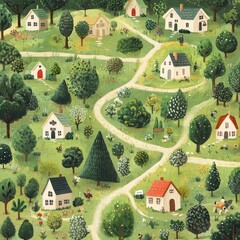 Naklejka premium Whimsical village scene featuring houses trees and winding paths