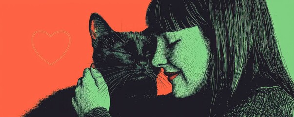 Fototapeta premium A woman shares a loving moment with her black cat.