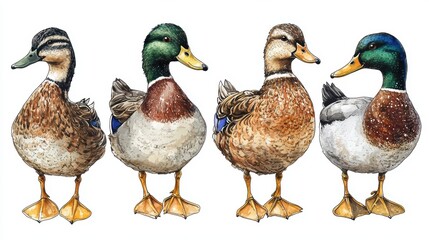 Illustration of four distinct ducks in various colors and poses.