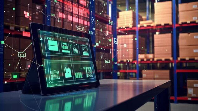 Tablet displaying a holographic interface manages inventory, tracks shipments, and optimizes warehouse operations in a modern logistics center, visualizing supply chain data and automation