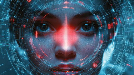 Futuristic AI-powered customer service assistant interacts through voice commands in a cybernetic environment with glowing holographic interface