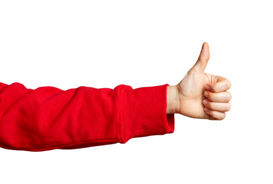 Isolated woman's hand in red sleeve giving thumbs-up gesture