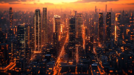 Futuristic city sunset aerial view, glowing skyscrapers, urban landscape, game background