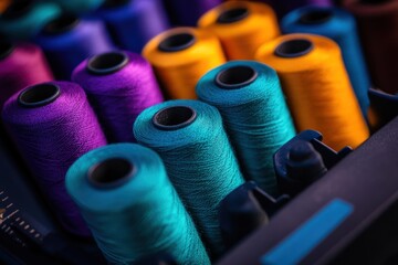 Colorful thread spools in box, close-up, textile factory, industrial background
