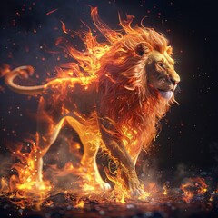 Fiery lion, majestic and powerful, ablaze in a breathtaking display of fire and power. A symbol of strength and untamed nature.