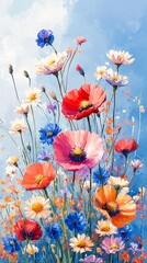 A close-up of a vibrant oil painting depicting an assortment of flowers against a light blue sky.