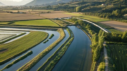 A sustainable wastewater management system showing treated water being recycled for irrigation in agricultural fields