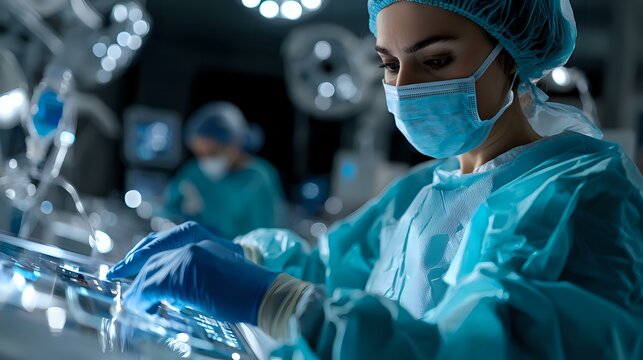 Asian female surgeon in protective gear performing operation in modern hospital operating room with surgical lights and team in background. - Powered by Adobe