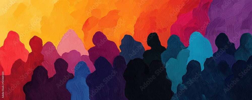 Wall mural abstract crowd silhouette with vibrant colors in a dynamic gradient.