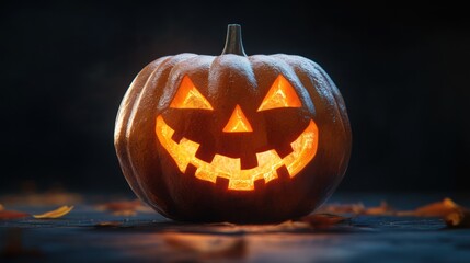 Glowing Jack-o'-lantern, autumn leaves, dark background, Halloween