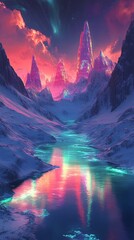 A fantasy landscape with a mountain range and a river flowing through it.