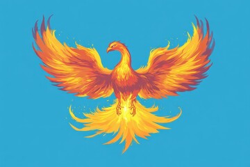 Obraz premium A vibrant phoenix rising with wings outstretched against blue